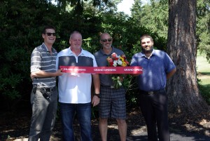 L to R:  Gaetan Foos, Golf Course Supt., Sean Fico, owner, Jason Thomas, Golf Operations Mgr., Bill Horeth, owner Pub 235 (flowers presented by Nature's Way Floral & Garden) 